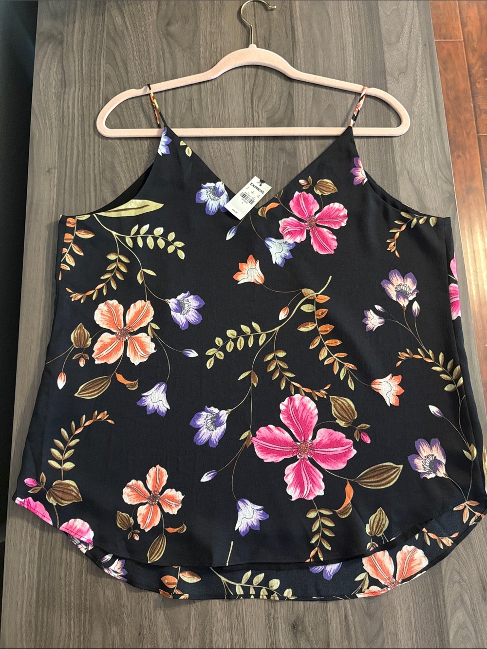 Express Black Floral Cami with Pink & Purple Blooms - Picture 4 of 13